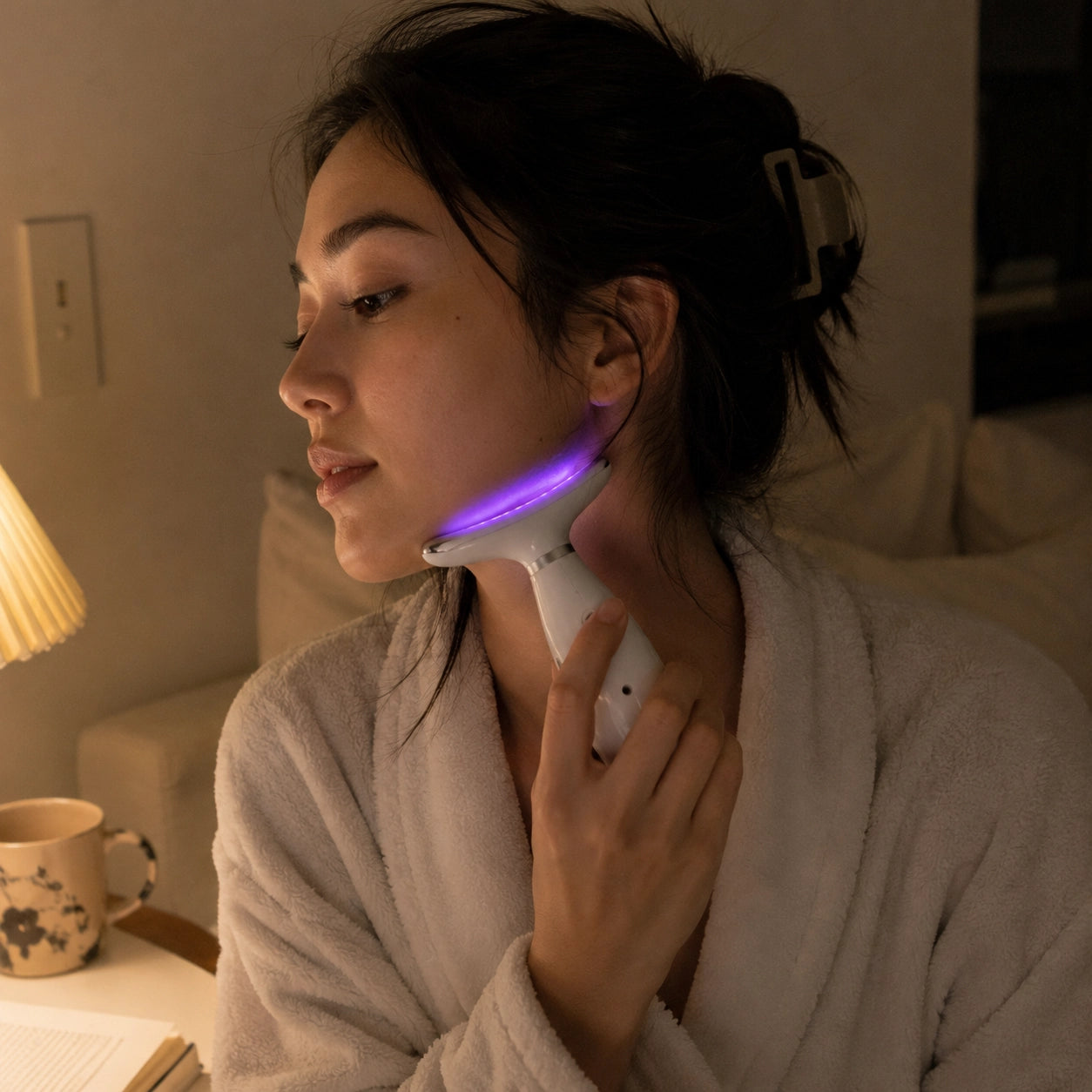 Face Lifting Device w użyciu — dioda LED na linii żuchwy podczas wieczornego zabiegu