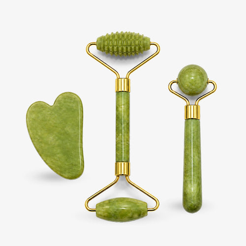 Gua Sha Jade — zestaw rollera, rollera punktowego i płytki gua sha z zielonego jadeitu