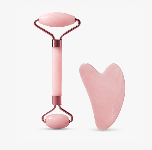 Gua Sha Stone — zestaw rollera i płytki gua sha z różowego kwarcu
