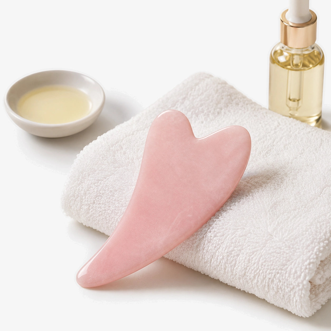 Gua Sha Stone — płytka z różowego kwarcu na ręczniku, obok olejek do twarzy