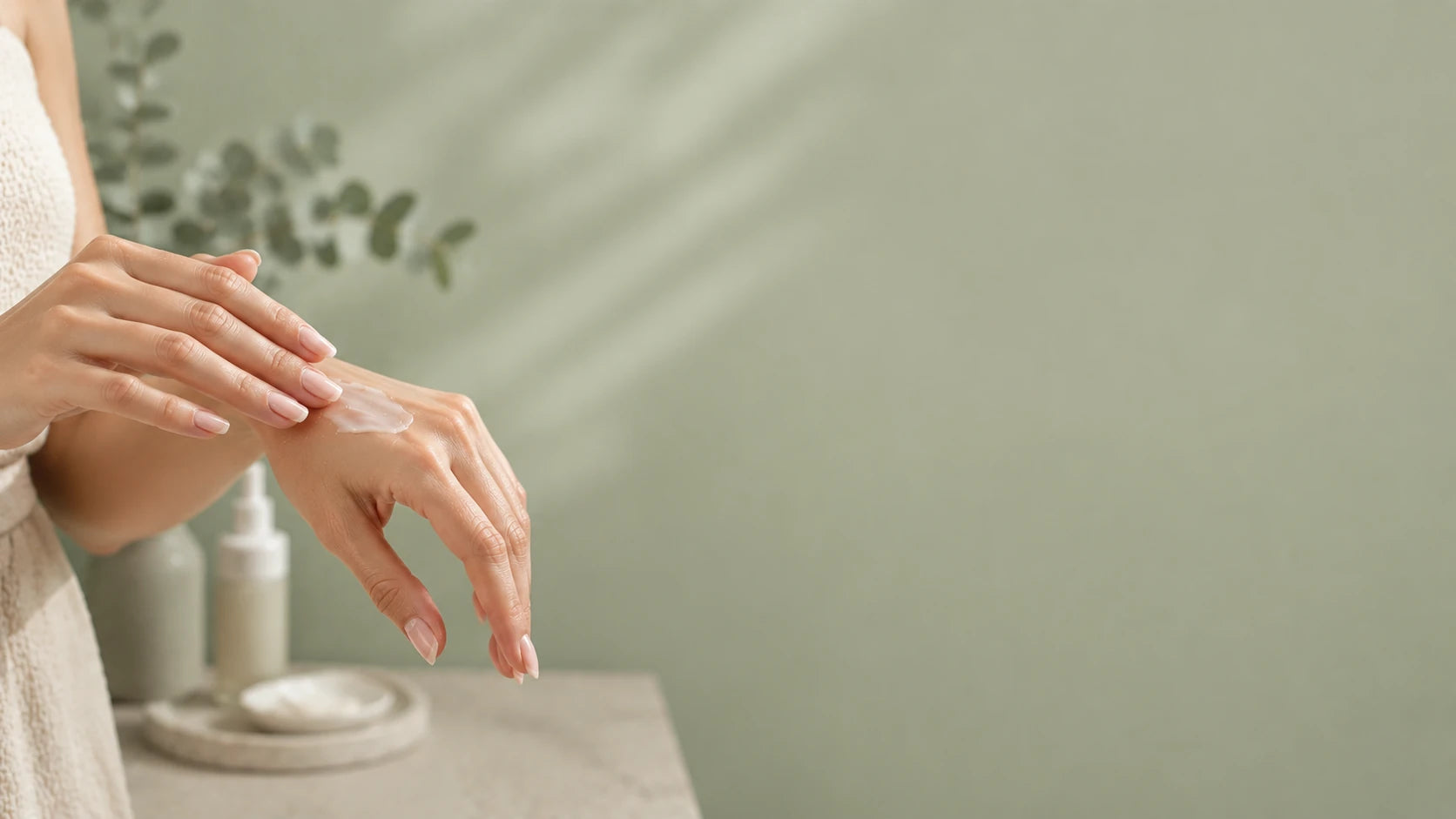 Hands smoothing cream over skin beside eucalyptus on a sage green background